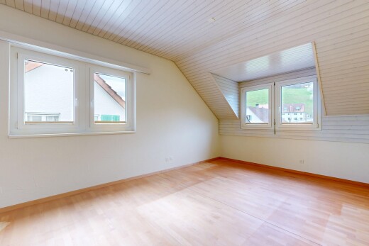 pièce vide avec plafond voûté, vaulted ceiling, lumière naturelle, natural light, et plafond bas