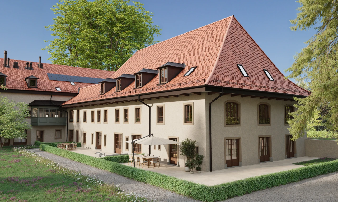 façade avec terrasse, bardage en stuc, et toit mansardé