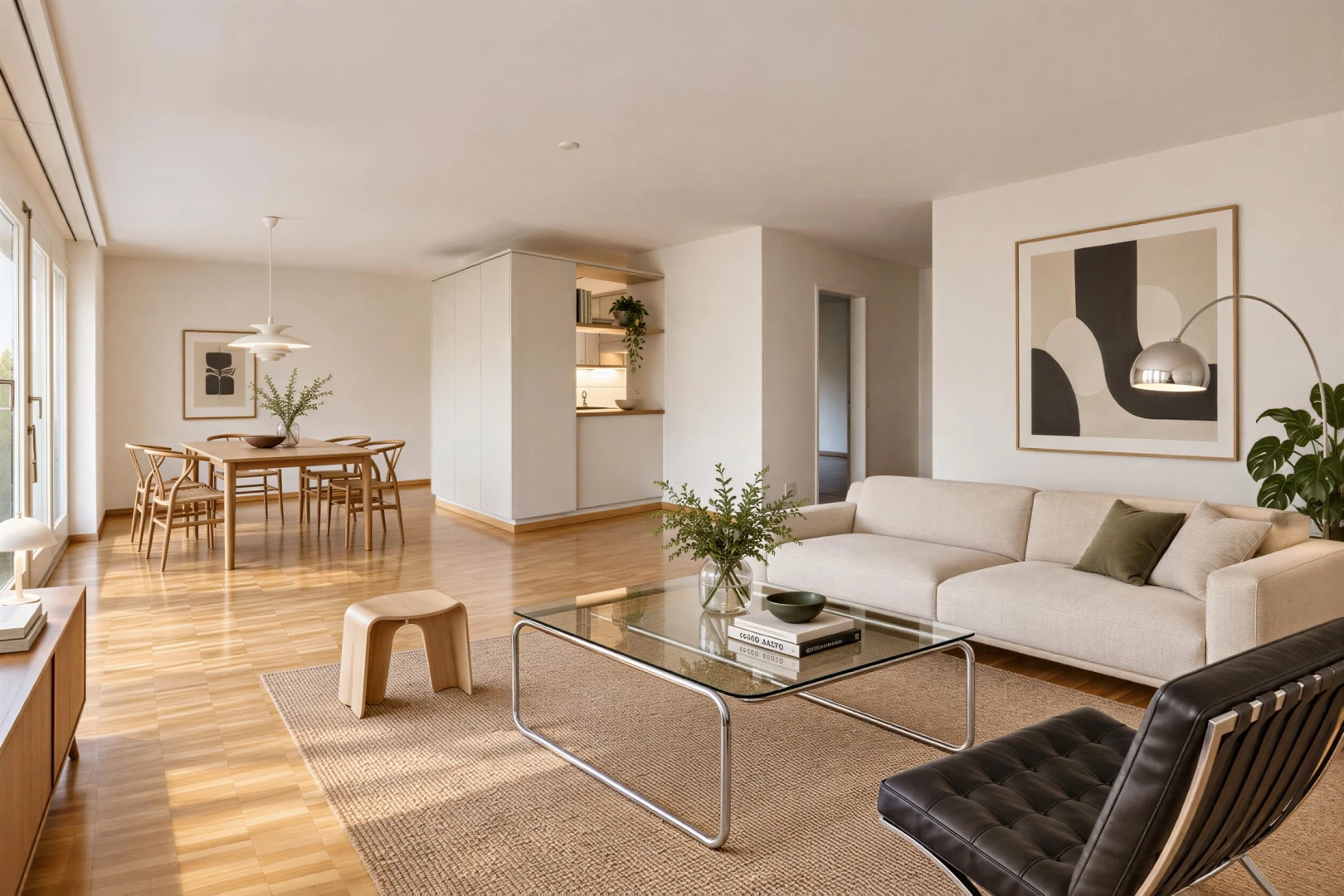 living room featuring pendant lighting and light wood-style floors