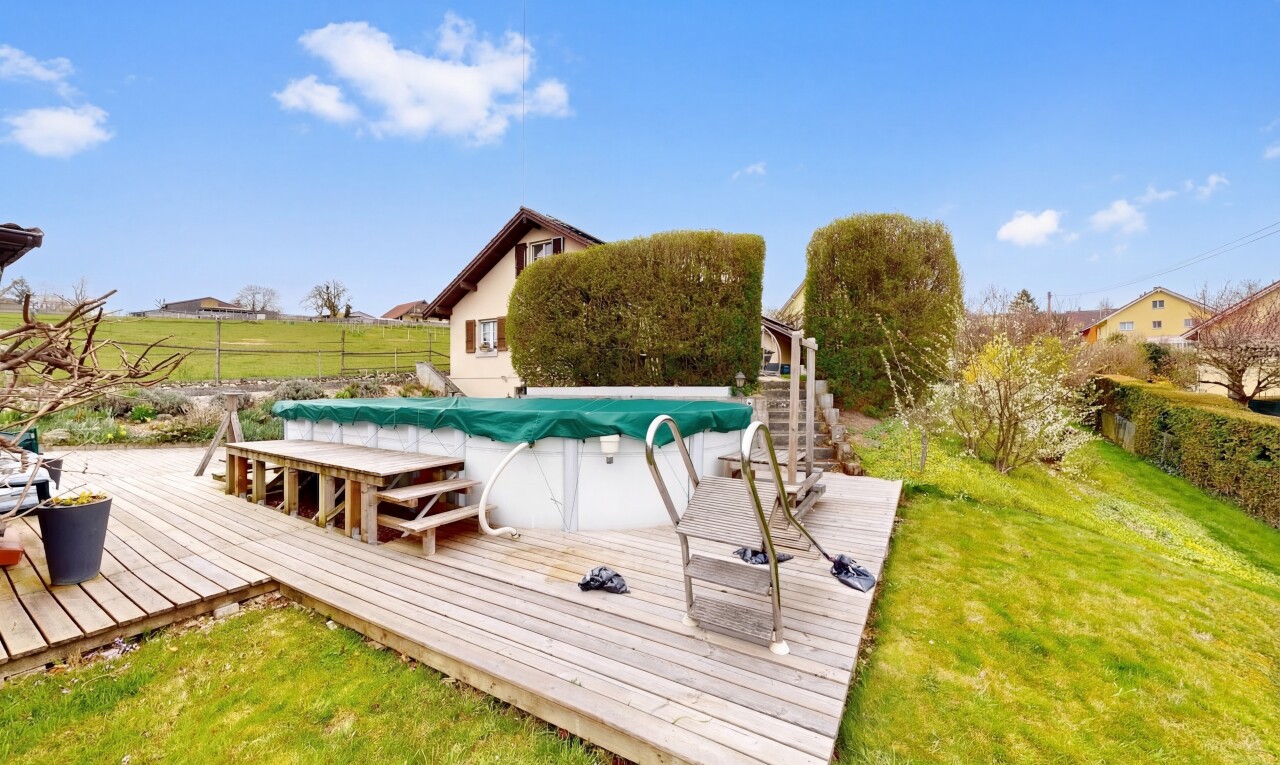 schwimmbad mit rasen, deck, schwimmbad, zaun, und day time