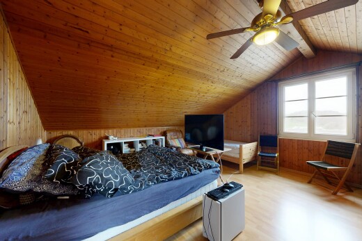 chambre avec pièce supplémentaire, vaulted ceiling, plafond voûté, télévision, et wood finish floor