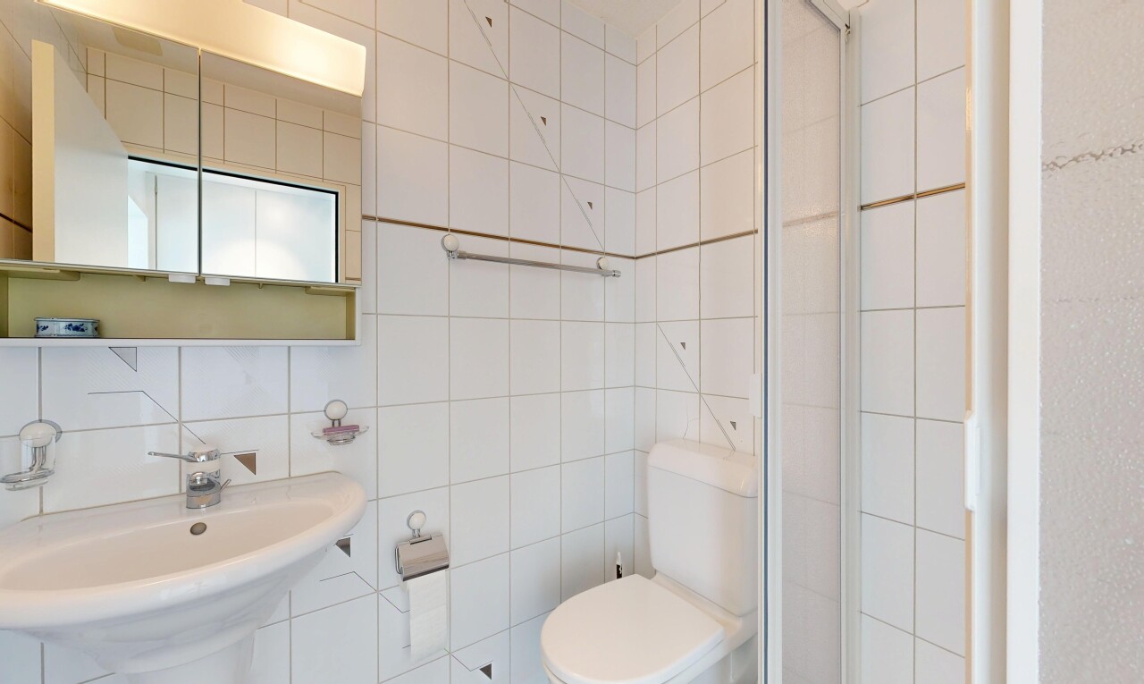 salle de bains avec miroir, salle de bain complète, toilette, mur en carrelage, et tile wall