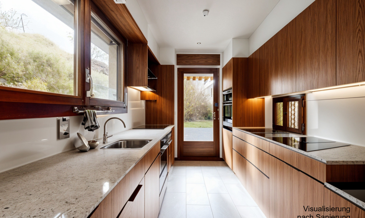 cuisine avec natural light, lumière naturelle, plans de travail en pierre, inside property, et évier
