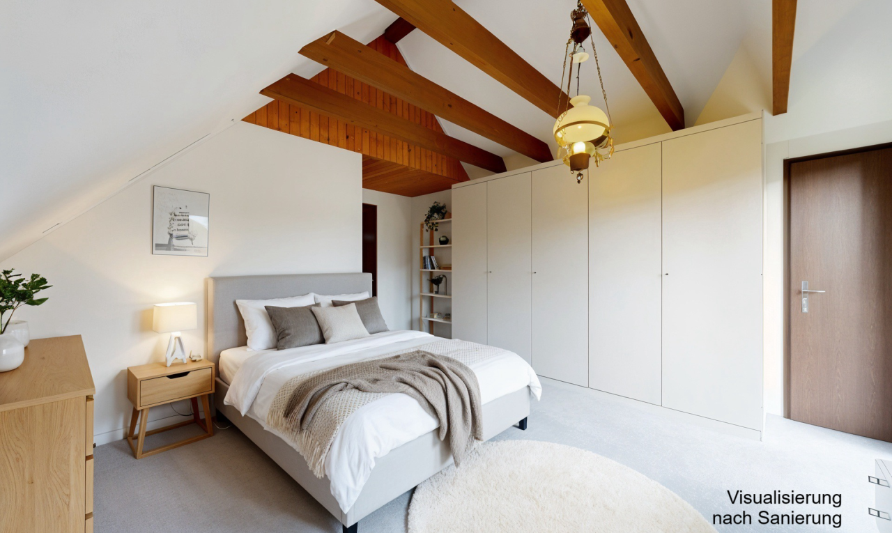 chambre avec vaulted ceiling, plafond voûté, drywall, cloison sèche, et beamed ceiling