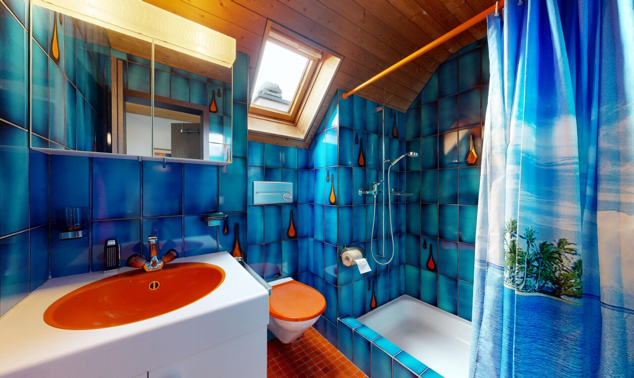 salle de bains avec douche, salle de bain complète, inside property, évier, et miroir