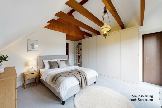 zimmer / schlafzimmer mit vaulted ceiling, dachschräge, drywall, gipskartonwand, und beamed ceiling