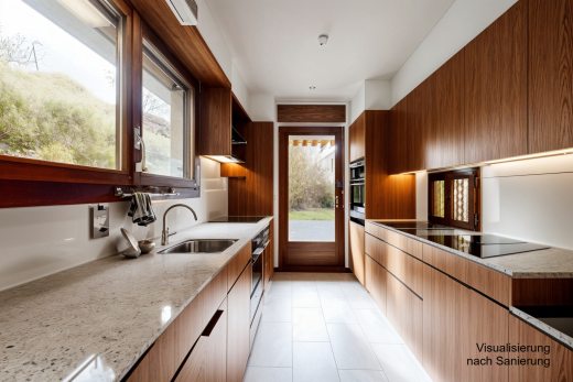 cuisine avec natural light, lumière naturelle, plans de travail en pierre, inside property, et évier