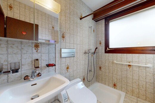 salle de bains avec tile wall, mur en carrelage, douche, miroir, et salle de bain complète