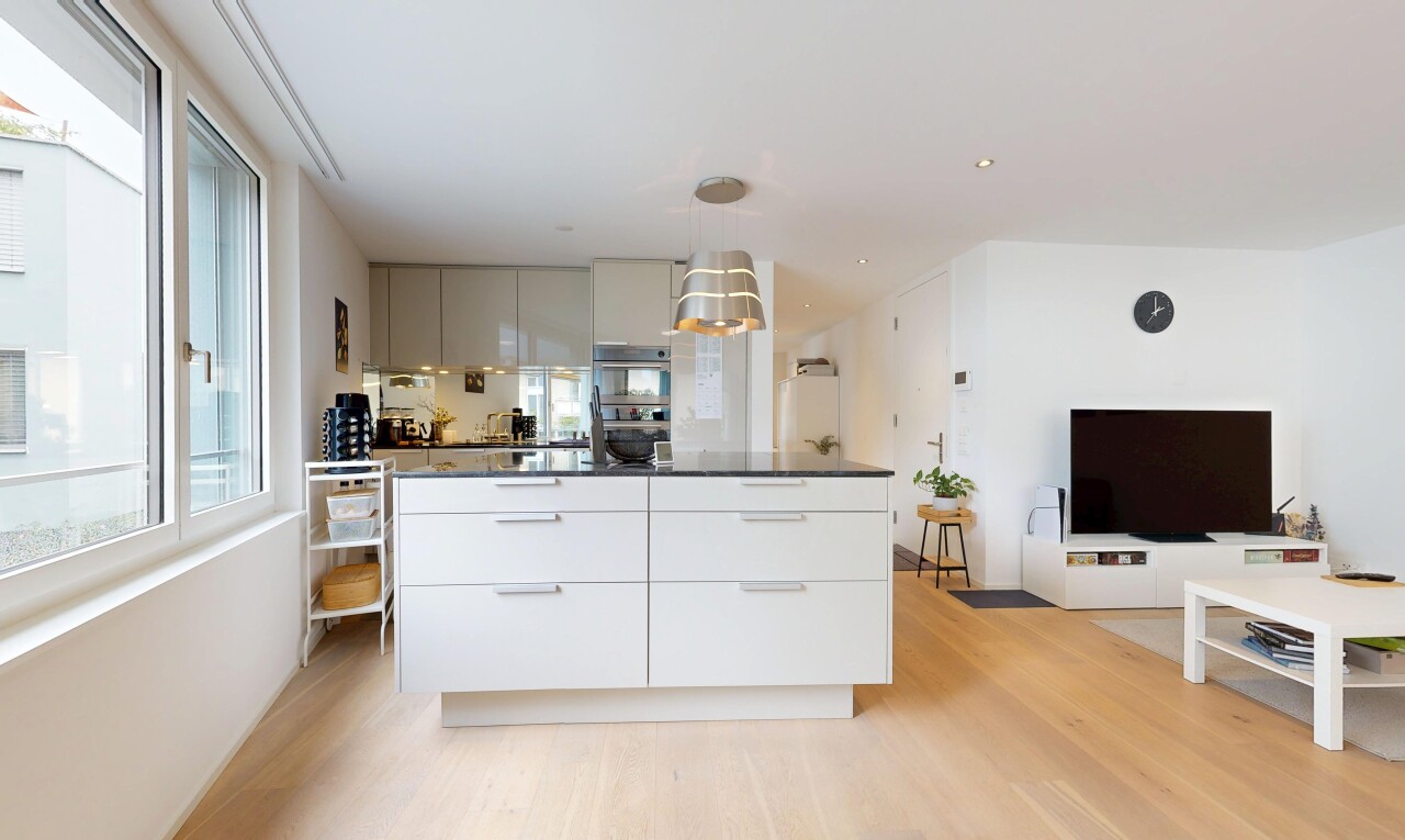 cuisine avec flat panel cabinets, armoires à panneau plat, télévision, drywall, et cloison sèche