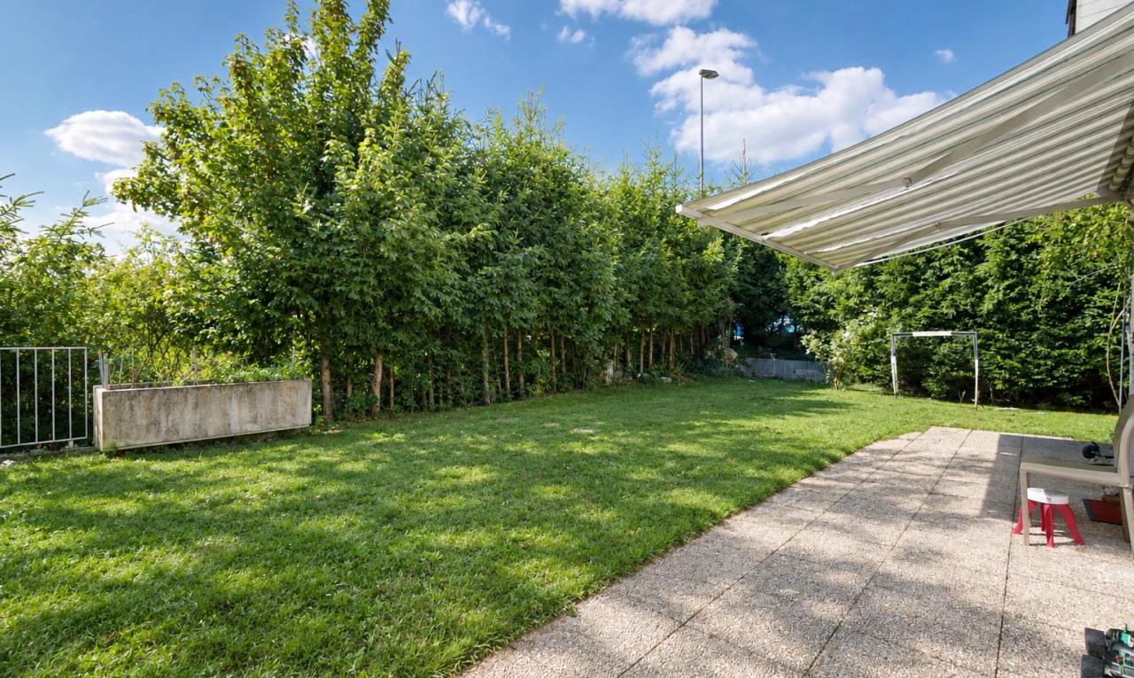 garten mit rasen, markise, zaun, from property, und day time