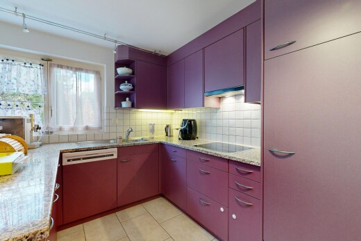 küche mit light floor, open shelves, offene regale, light countertops, und stone countertops