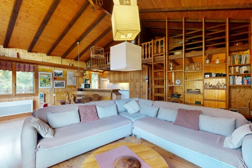 salon avec plafond voûté, vaulted ceiling, mur en bois, wood wall, et inside property