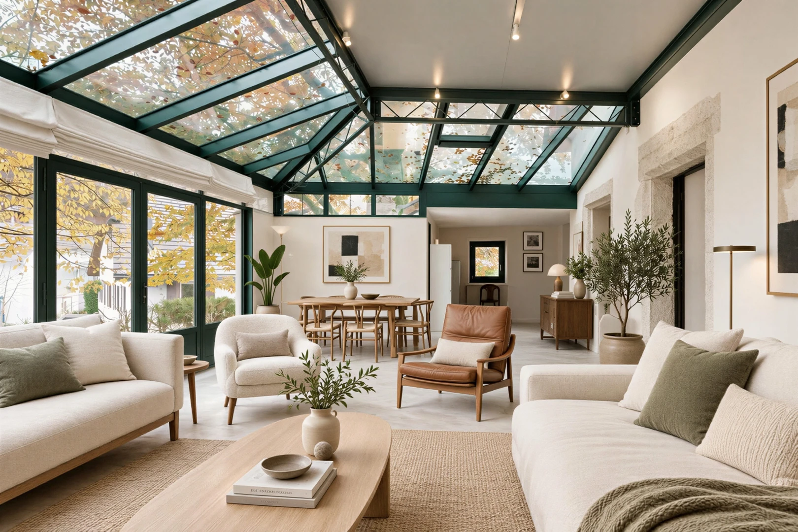 carpeted living room with crown molding and high vaulted ceiling