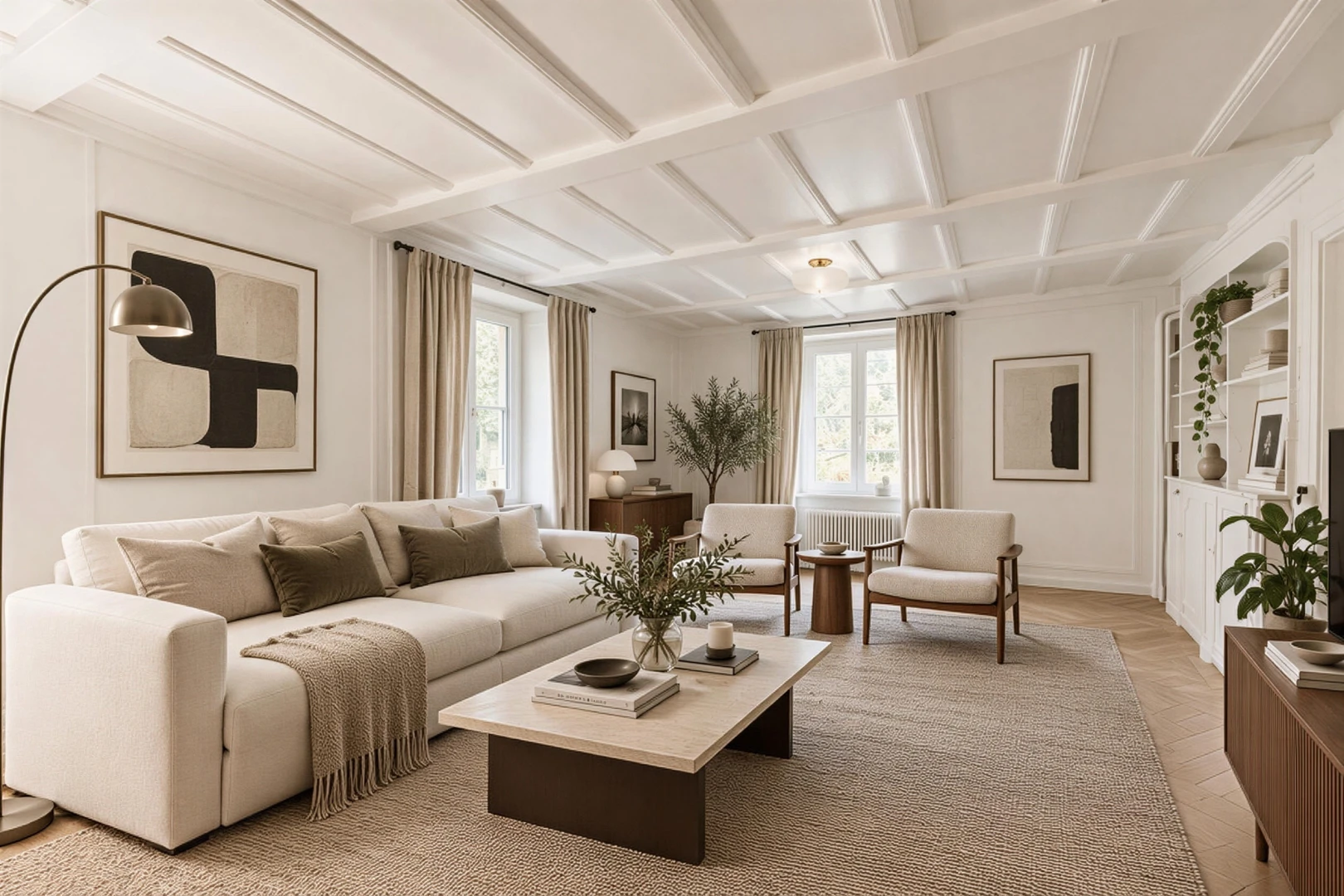 living room with a decorative wall