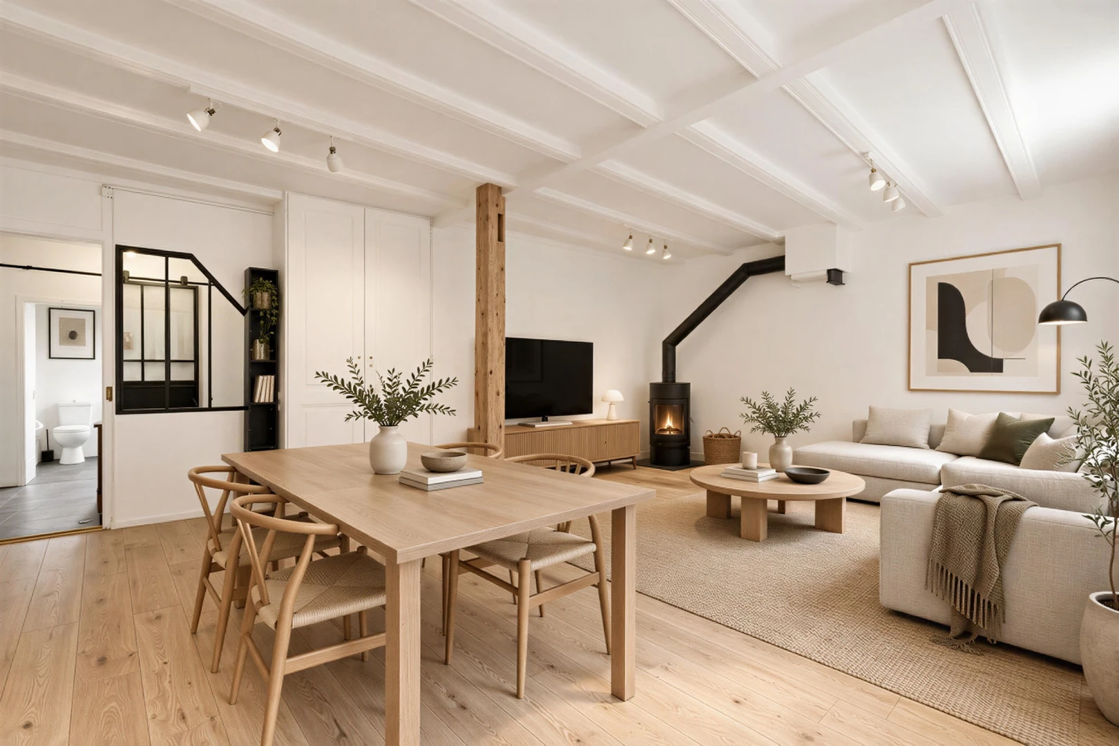 living room featuring rail lighting, light wood-type flooring, and a wood stove