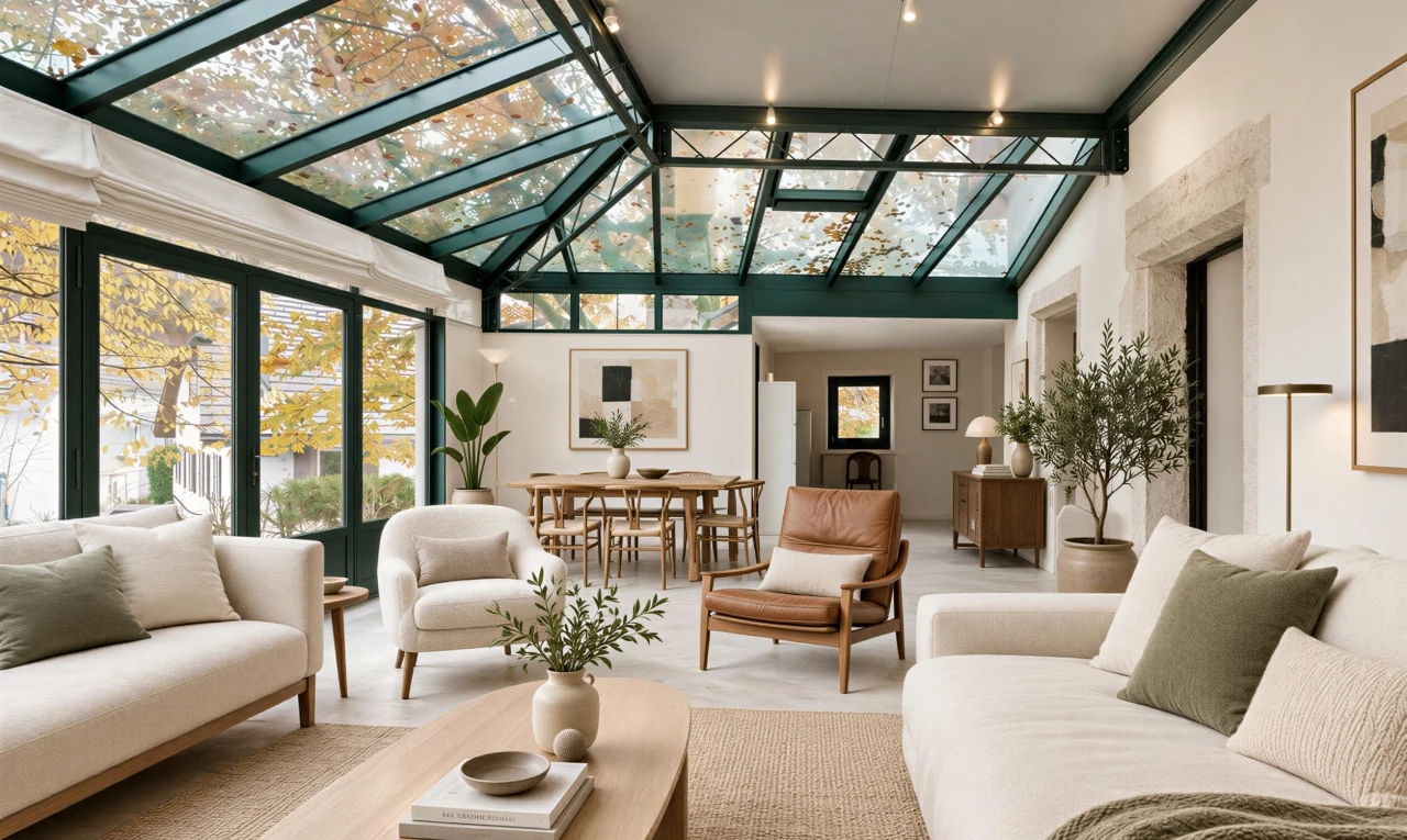 carpeted living room with crown molding and high vaulted ceiling