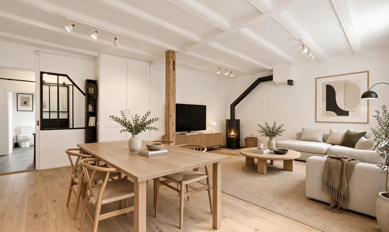 living room featuring rail lighting, light wood-type flooring, and a wood stove