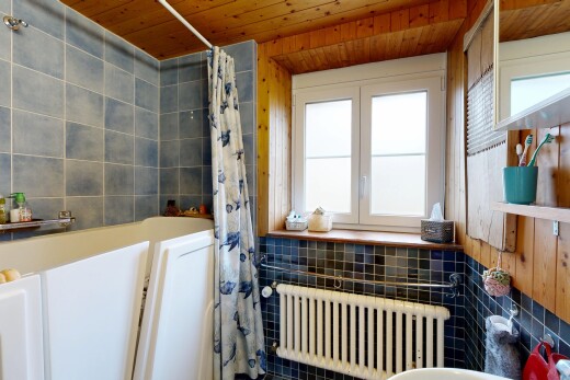 salle de bains avec mur en carrelage, tile wall, radiateur, lumière naturelle, et natural light