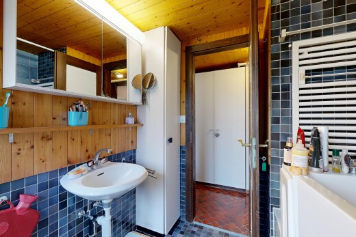 bad mit spiegel, inside property, komplettes badezimmer, bad, und wood ceiling
