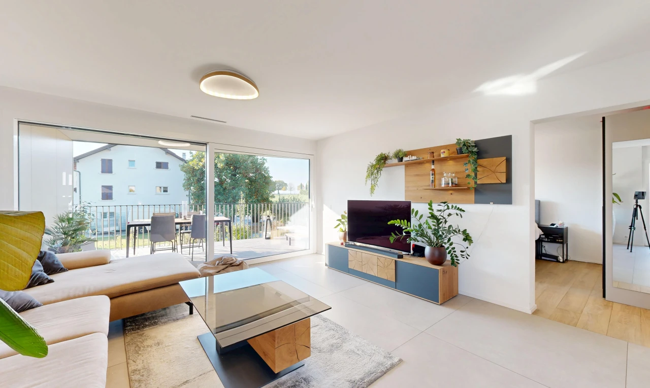 living room featuring access to outside