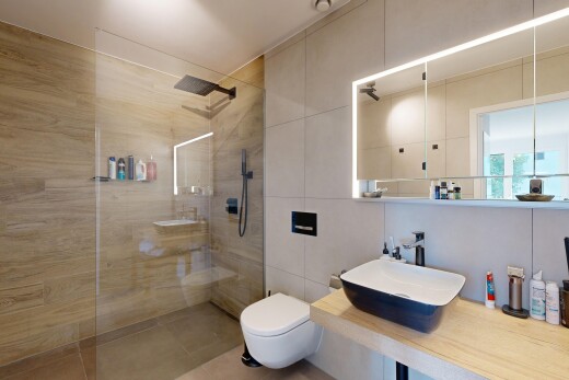 salle de bains avec salle de bain complète, douche, évier, miroir, et lavabo (ou coiffeuse selon le contexte)
