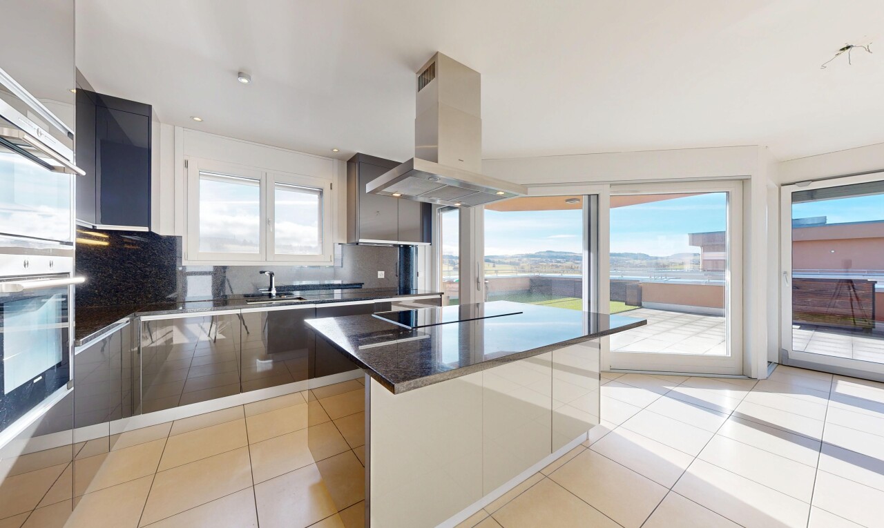 cuisine avec armoires à panneau plat, flat panel cabinets, hotte, dark countertops, et dosseret
