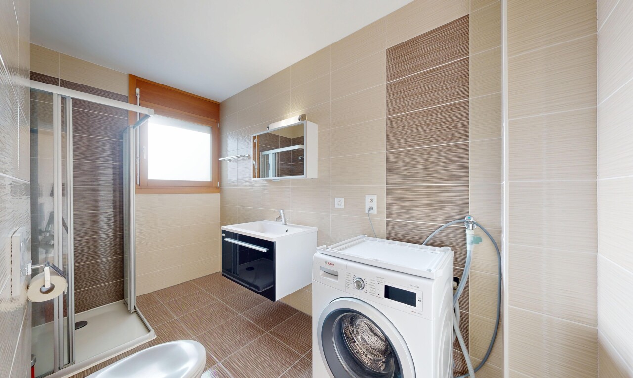 salle de bains avec mur en carrelage, tile wall, salle de bain complète, douche, et lave-linge et sèche-linge