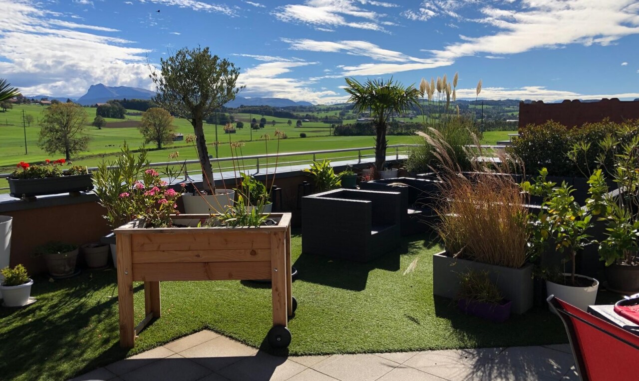 garten mit day time, rasen, terrasse, golfplatzblick, und golf course view
