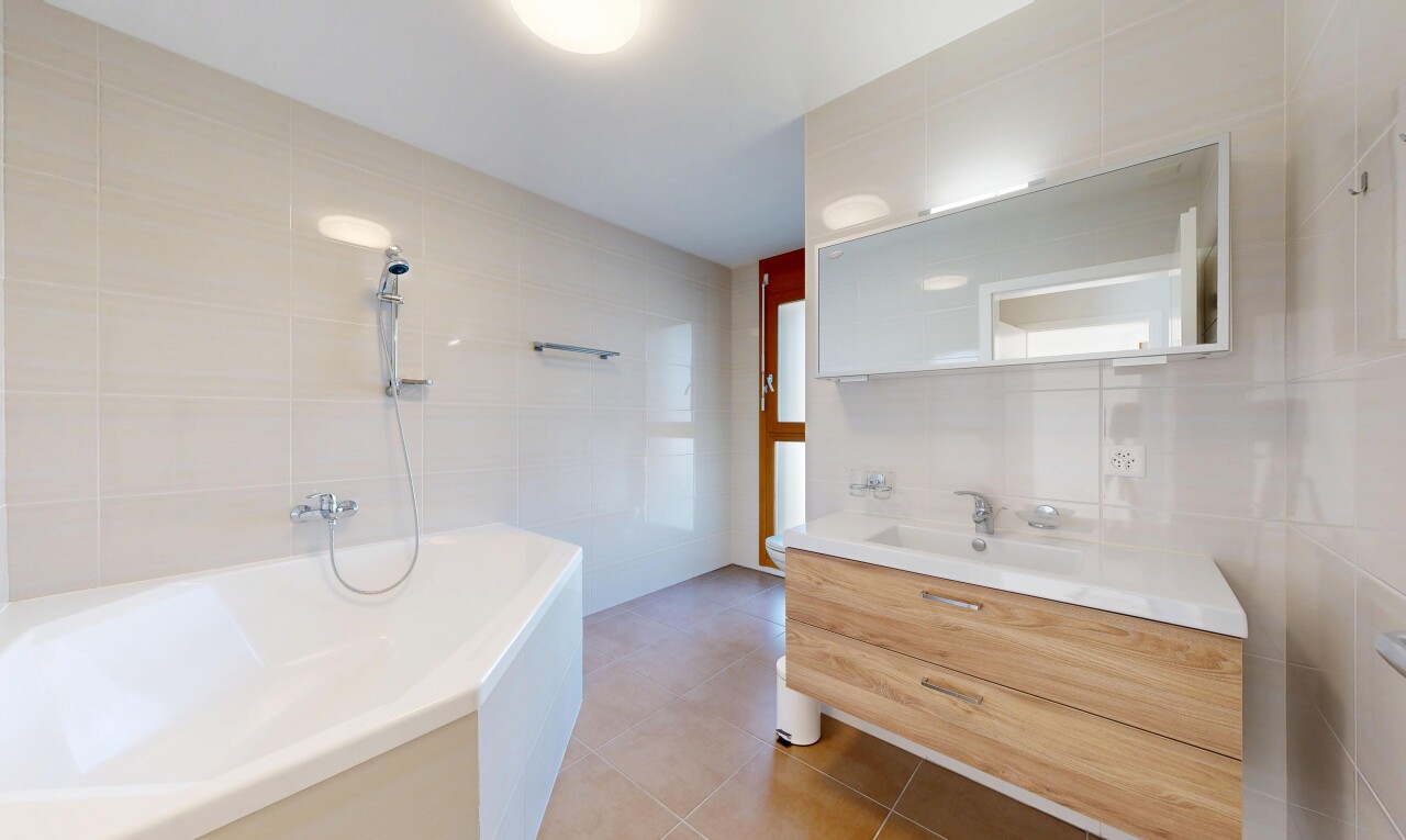 salle de bains avec mur en carrelage, tile wall, salle de bain complète, lavabo (ou coiffeuse selon le contexte), et miroir