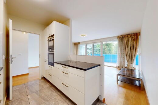 küche mit white cabinets, weiße schränke, light floor, dark countertops, und arbeitsplatten