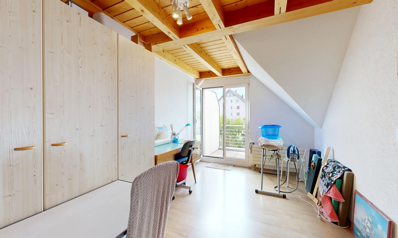 office area featuring access to outside, a wood ceiling with exposed beams, and light wood-style flooring