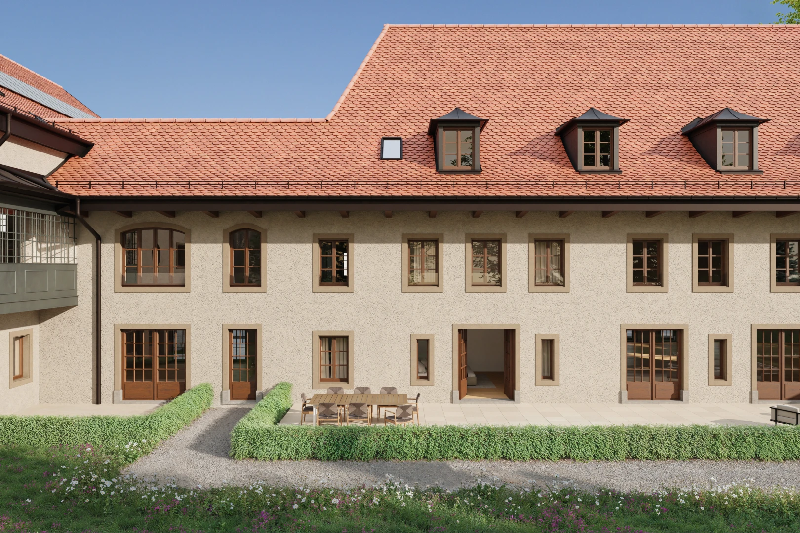 façade avec terrasse et bardage en stuc