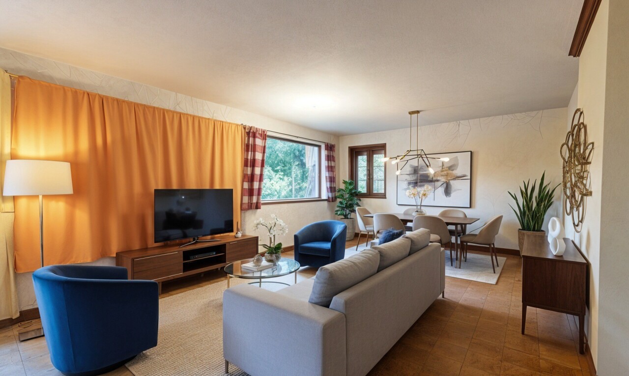living room featuring a chandelier and tile patterned flooring
