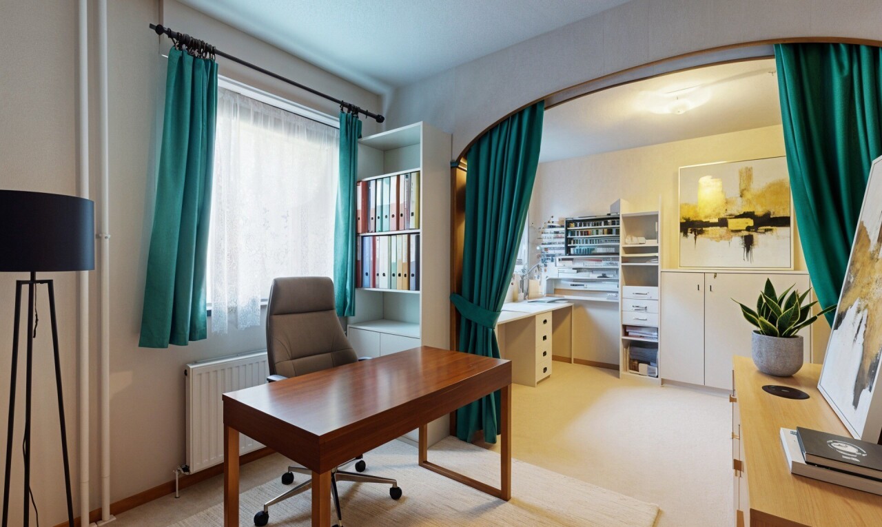 office area featuring radiator heating unit and light colored carpet