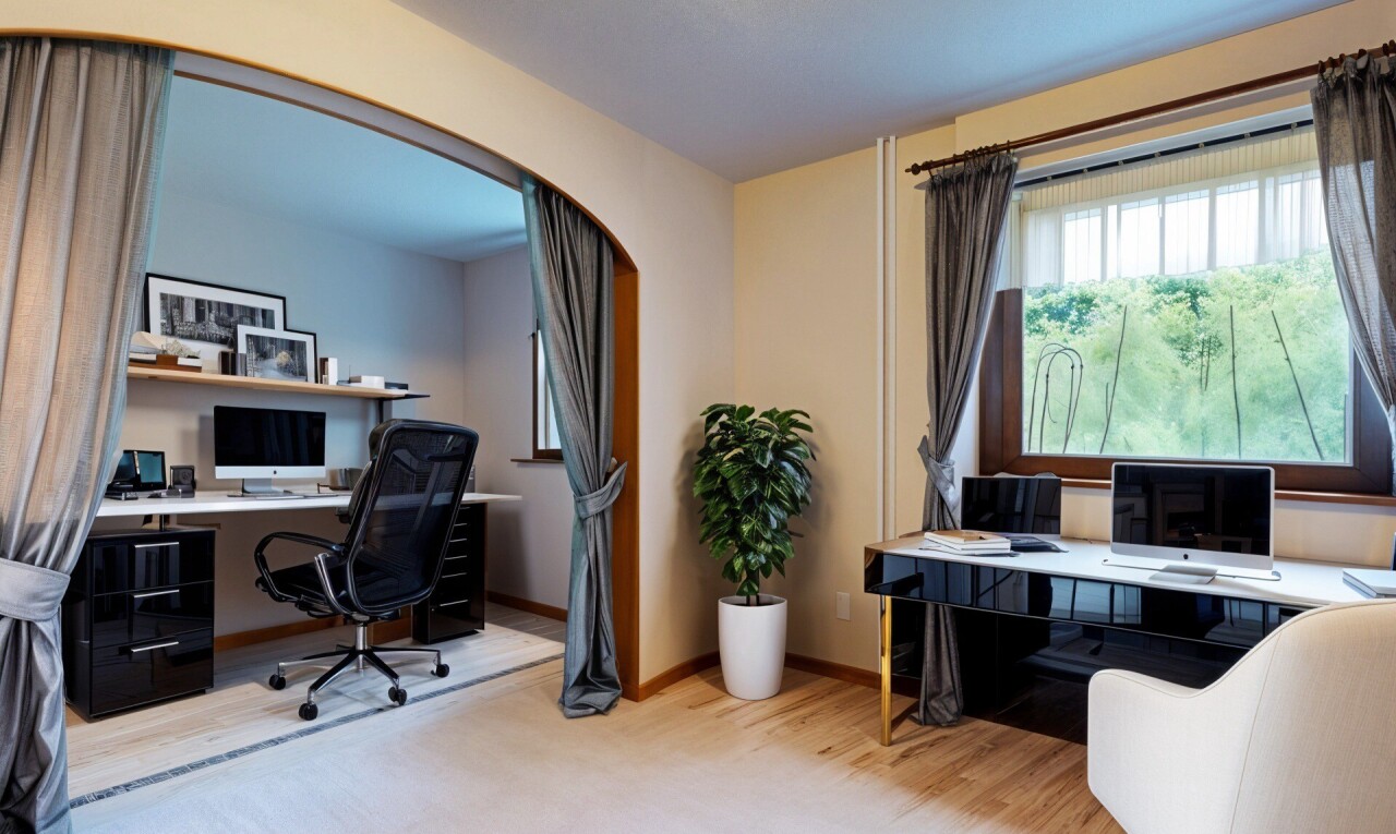 office area with arched walkways and wood finished floors