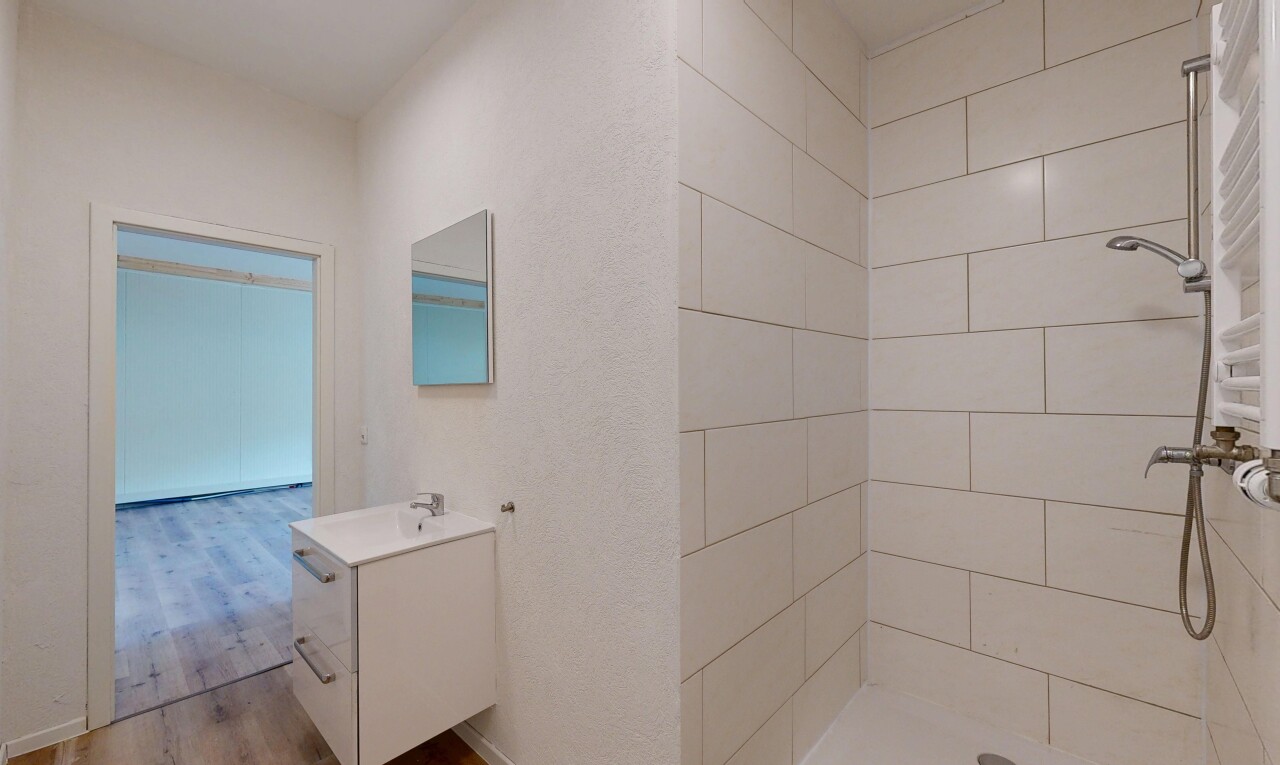 salle de bains avec lavabo (ou coiffeuse selon le contexte), salle de bain complète, douche, miroir, et inside property