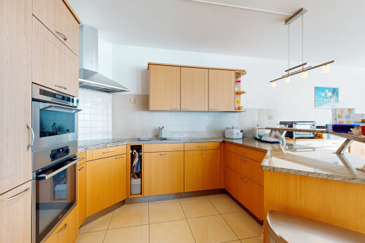 cuisine avec dosseret, backsplash, hotte, péninsule de cuisine, et étagères ouvertes