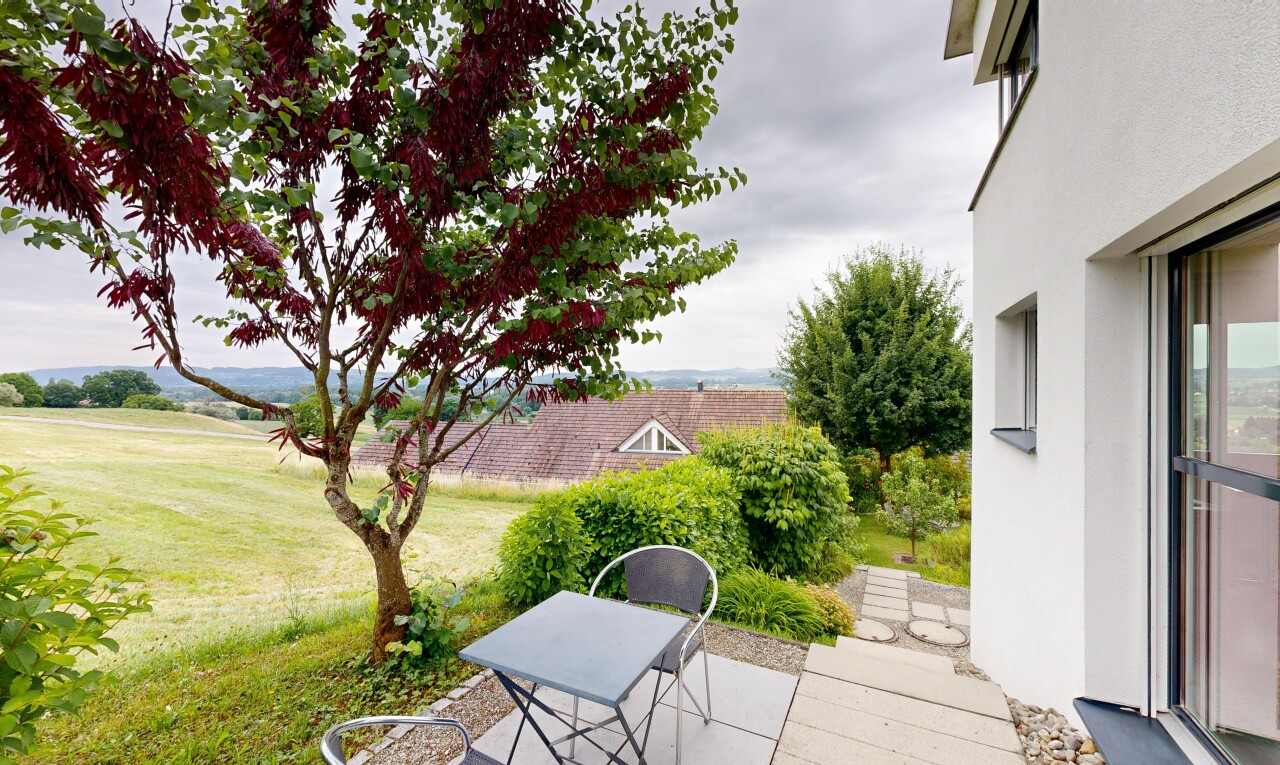 garten mit from property, rasen, overcast, und terrasse
