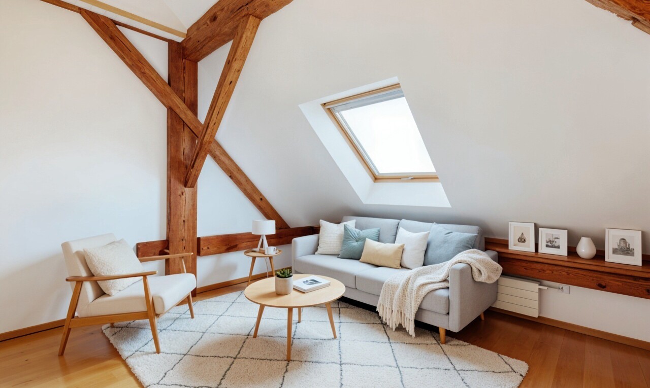 wohnzimmer mit parkettboden, fernseher, dachschräge, und dachfenster