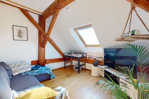 wohnzimmer mit parkettboden, fernseher, dachschräge, und dachfenster