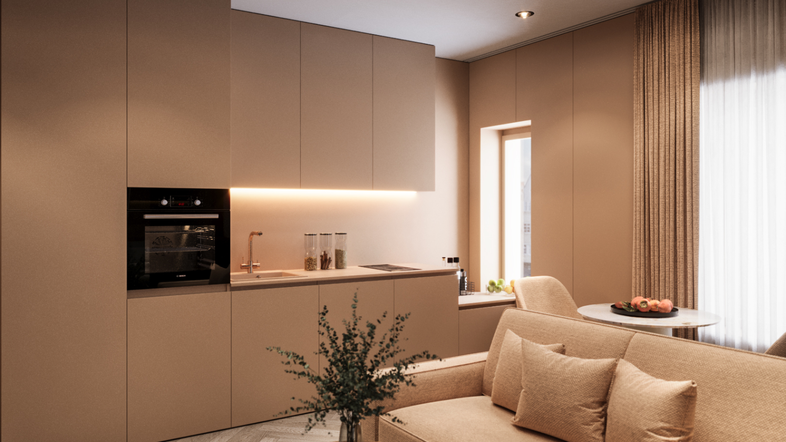salon avec inside property, évier, et light floor