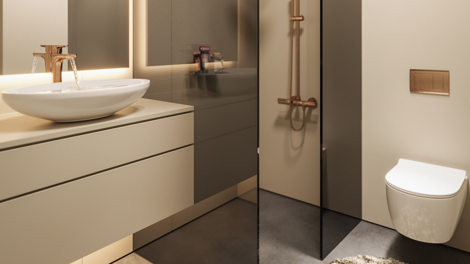 salle de bains avec lavabo (ou coiffeuse selon le contexte), évier, miroir, douche, et drywall