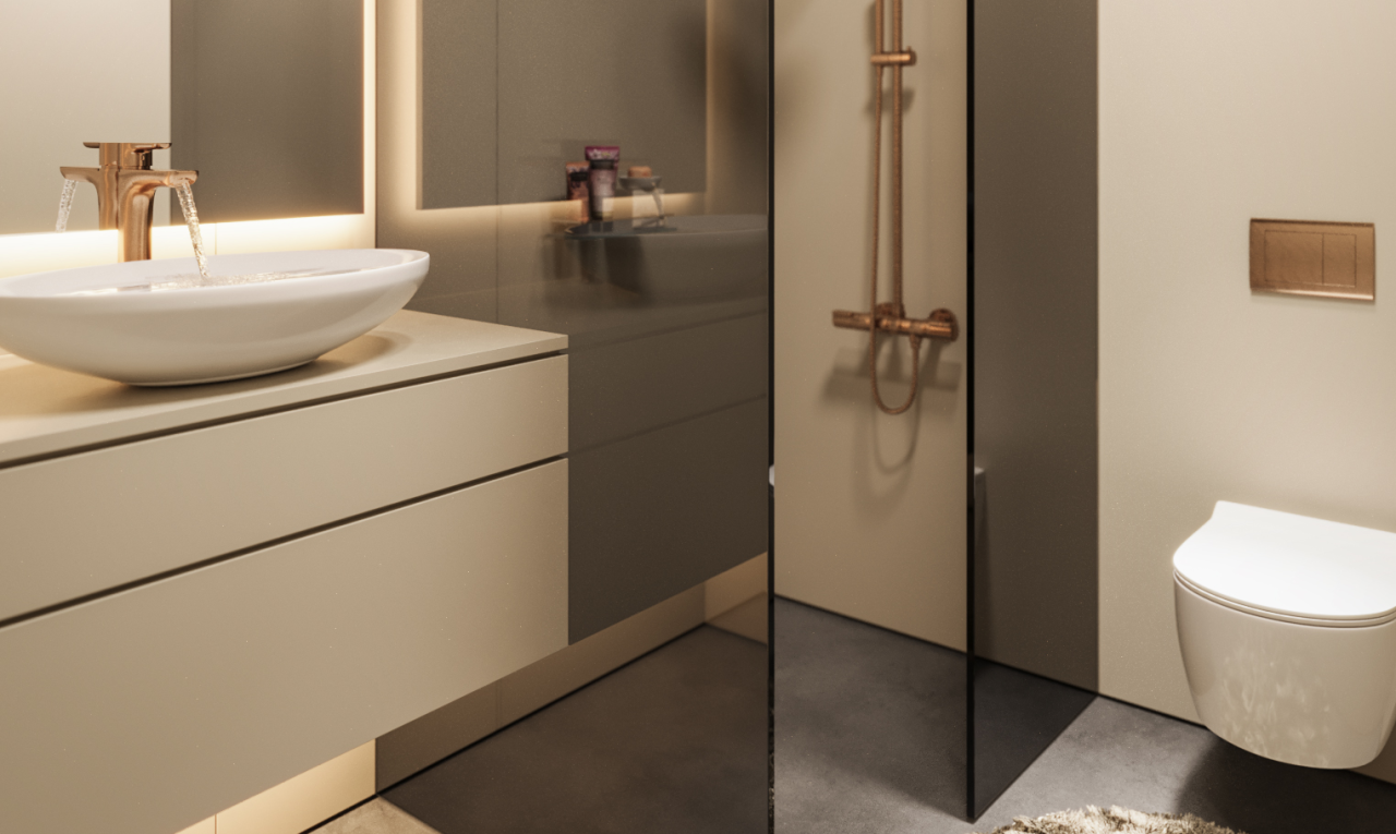 salle de bains avec lavabo (ou coiffeuse selon le contexte), évier, miroir, douche, et drywall
