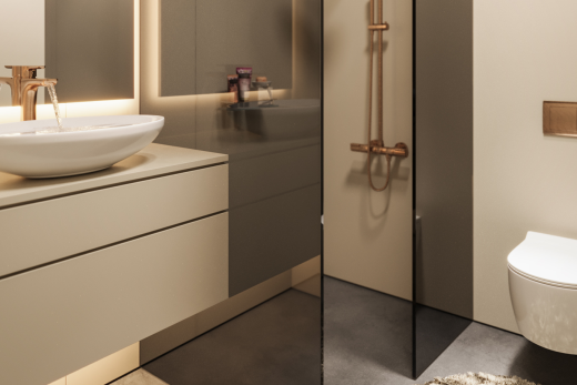 salle de bains avec lavabo (ou coiffeuse selon le contexte), évier, miroir, douche, et drywall