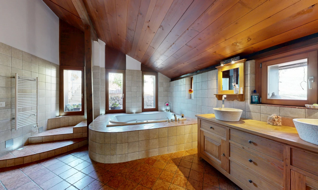 salle de bains avec vaulted ceiling, plafond voûté, miroir, tile wall, et mur en carrelage