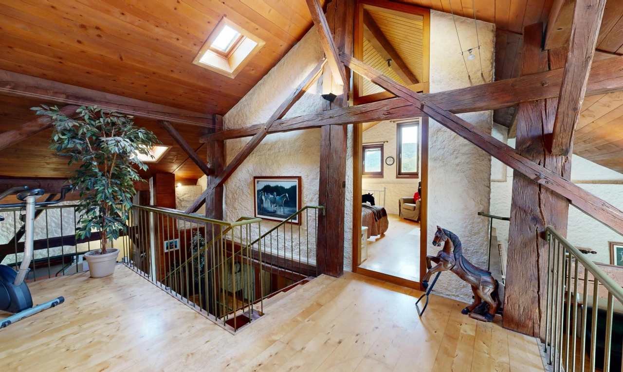 escaliers avec escaliers, high end ceiling, wood ceiling, plafond en bois, et lumière naturelle