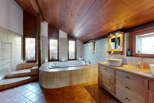 salle de bains avec vaulted ceiling, plafond voûté, miroir, tile wall, et mur en carrelage