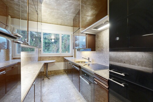 cuisine avec flat panel cabinets, armoires à panneau plat, light countertops, four, et natural light