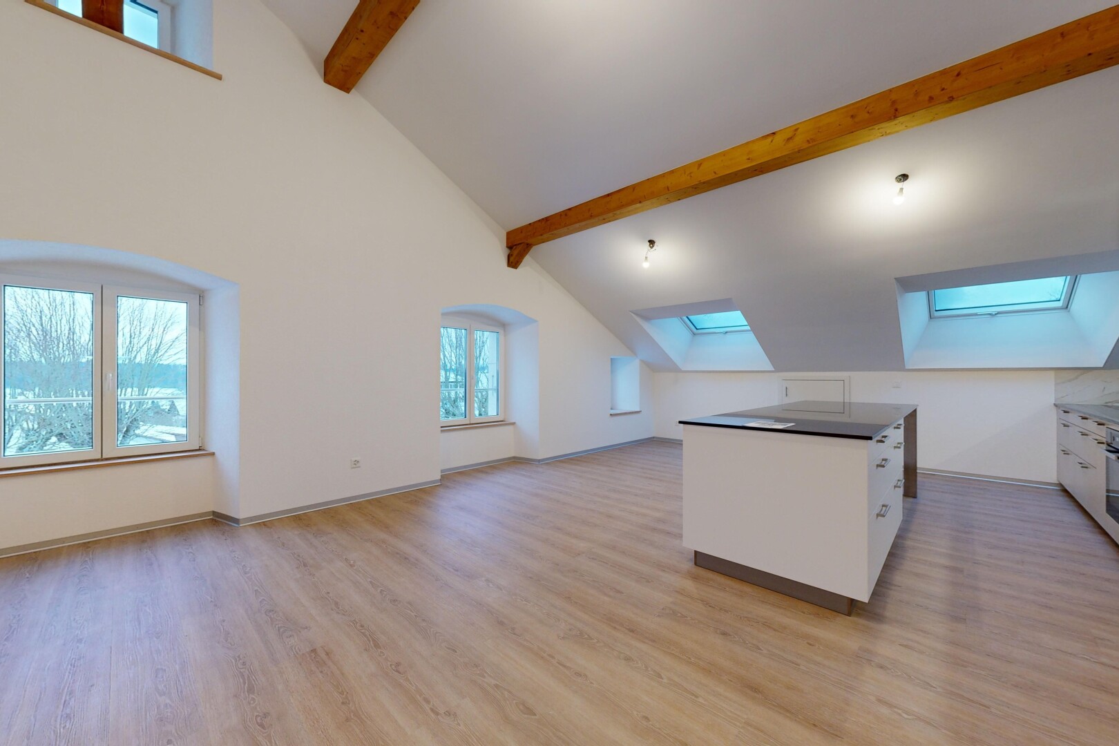 pièce vide avec lucarne, plafond voûté, lumière naturelle, et plancher de bois