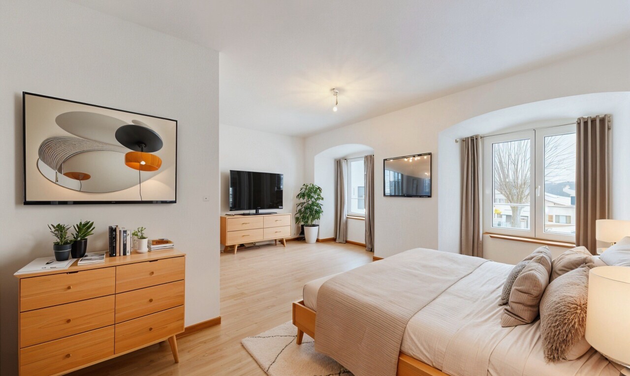 chambre avec lumière naturelle, passages en arc, télévision, cloison sèche, et sol en finition bois
